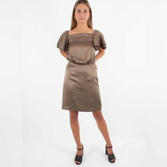 Banana Republic Chocolate Brown 100% Silk Dress Flutter Sleeves Size 12 NWT - Picture 2 of 11